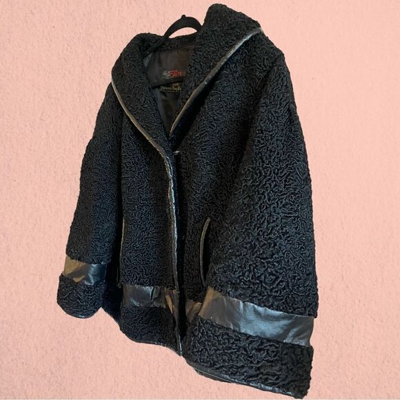 Vintage 1960s Hudson Bay black Persian lamb wool coat leather accents - Picture 6 of 16